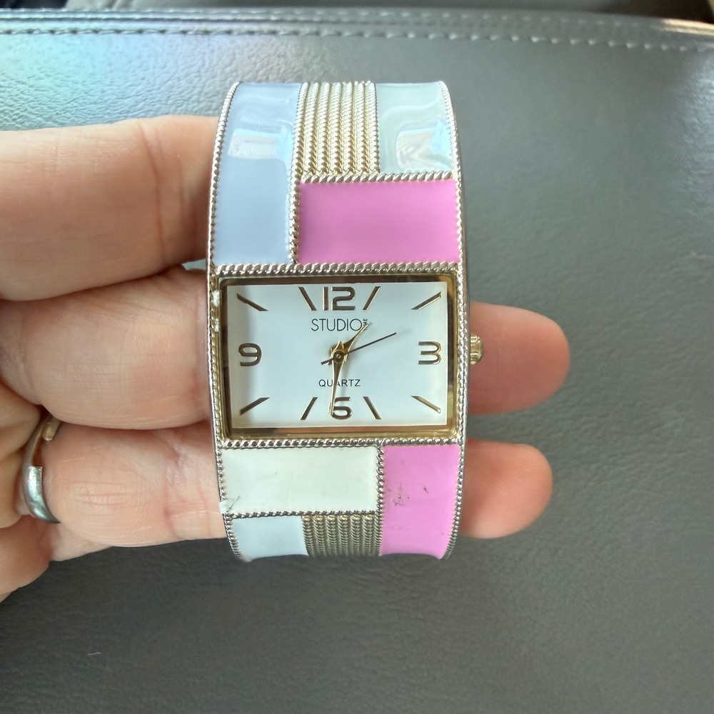 Studio Time Women Silver Pink Blue Enamel Cuff Bangle Watch  Quartz WORKS
